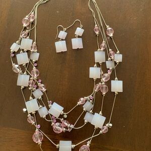 PINK BEADED NECKLACE WITH MATCHING PIERCED EARRINGS
